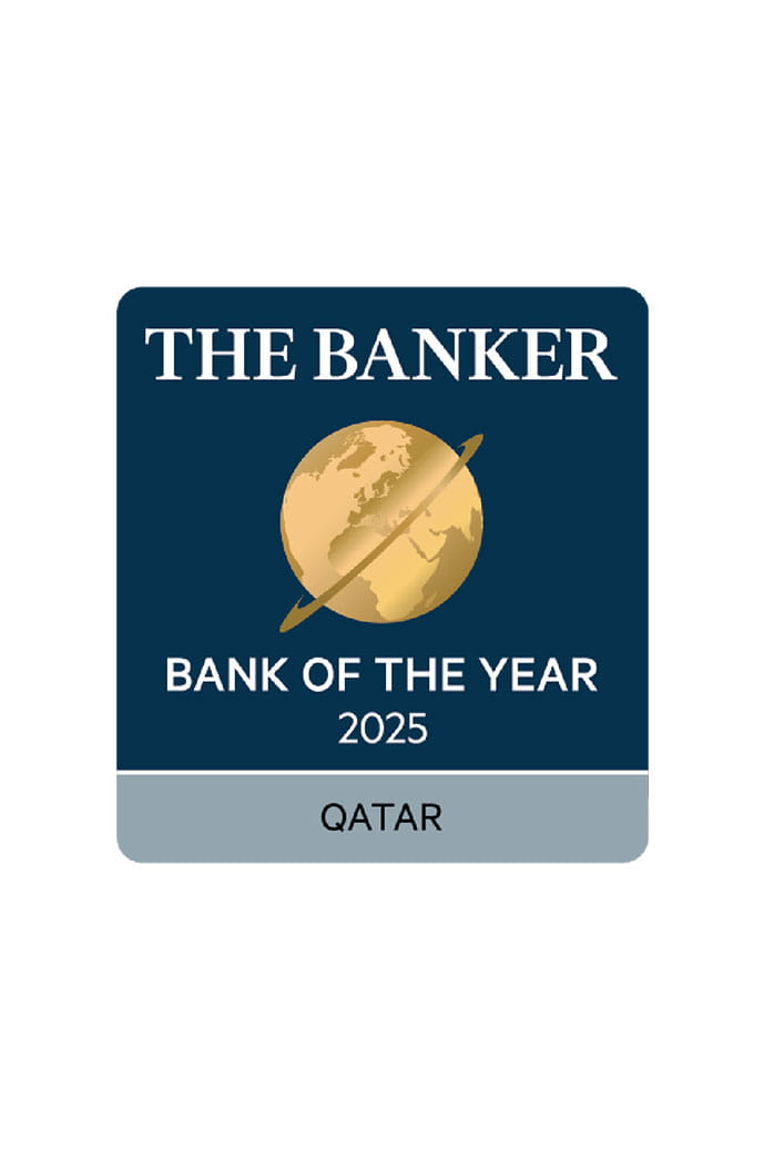 Award graphic stating Bank of the Year in Qatar 2025.