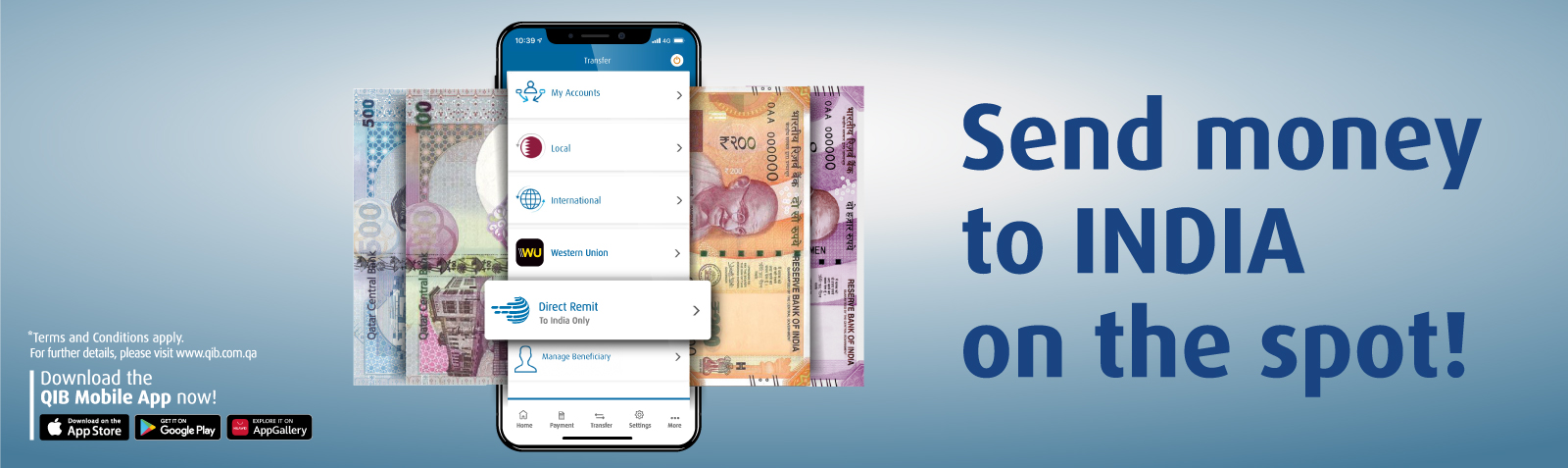 Homepage banner promoting international money transfer service and key benefits