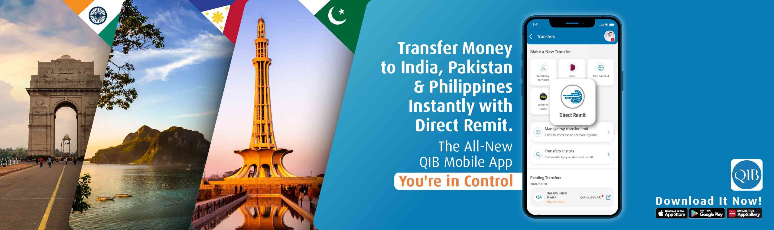 Banner promoting direct money transfers to Pakistan and the Philippines