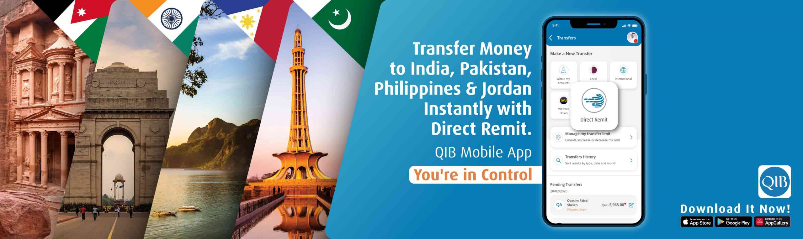 Promotional banner listing international money transfer destinations with landmark images.