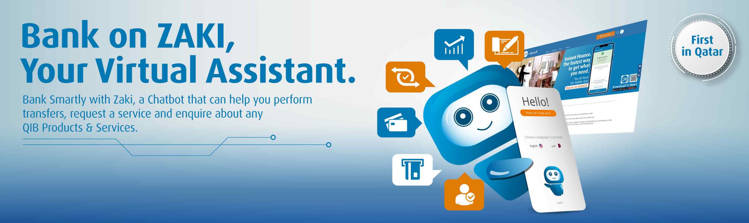 Homepage banner promoting virtual assistant with headline, brief description, and greeting entry point