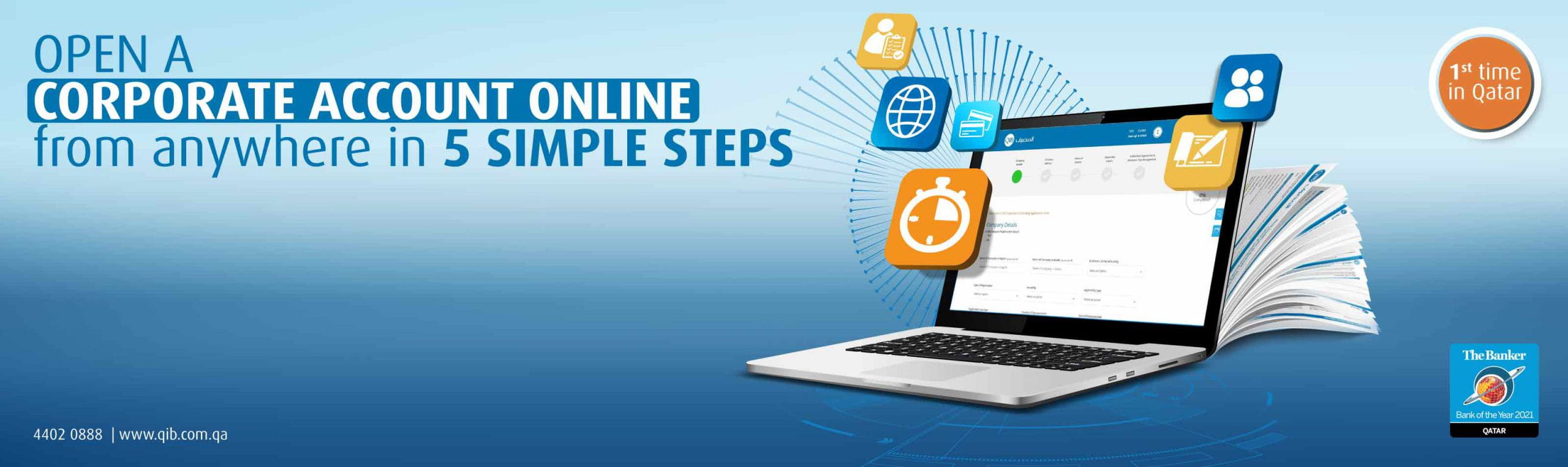Home banner announcing online corporate account opening with five-step process message.