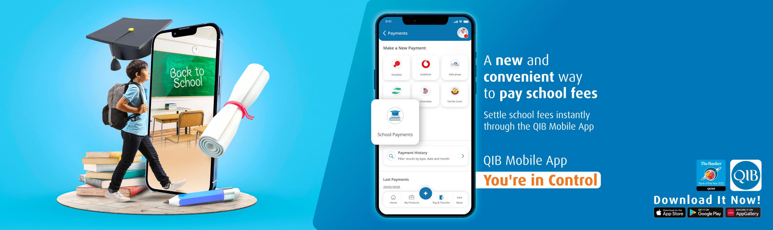 Home screen showing school fee payment feature with payment history list.