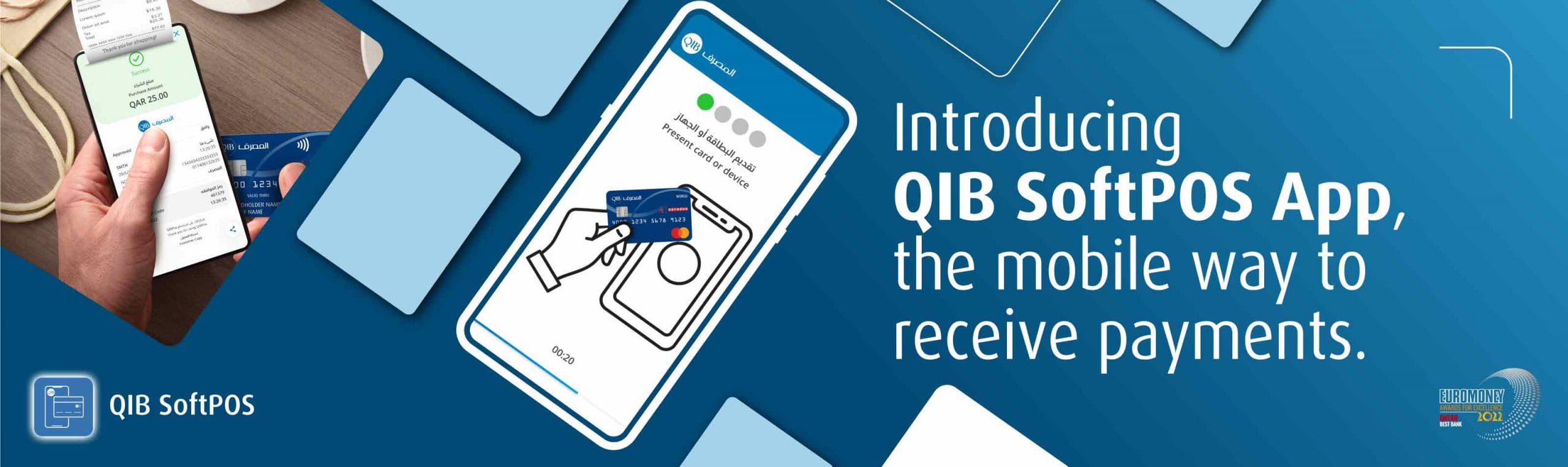 Home banner promoting soft POS service with feature icons and headline.