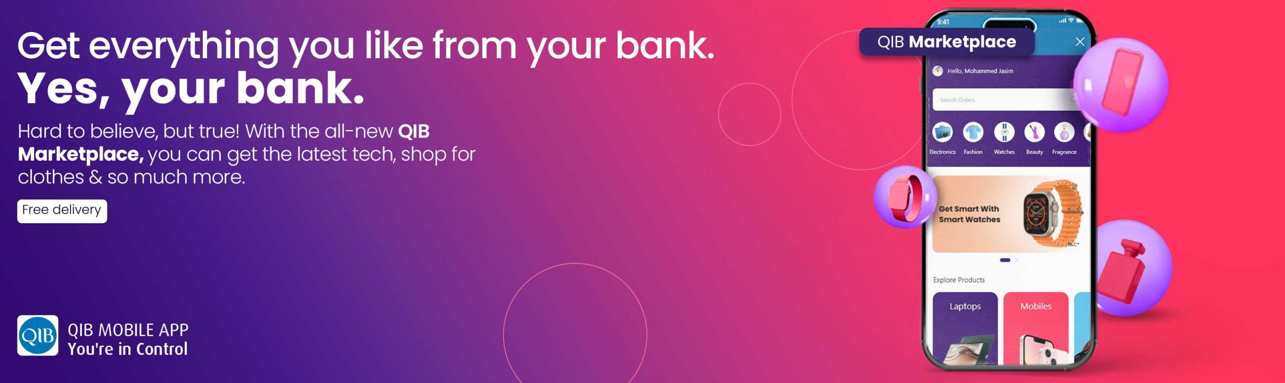 Promotional banner highlighting digital banking features with a phone interface and key service icons.