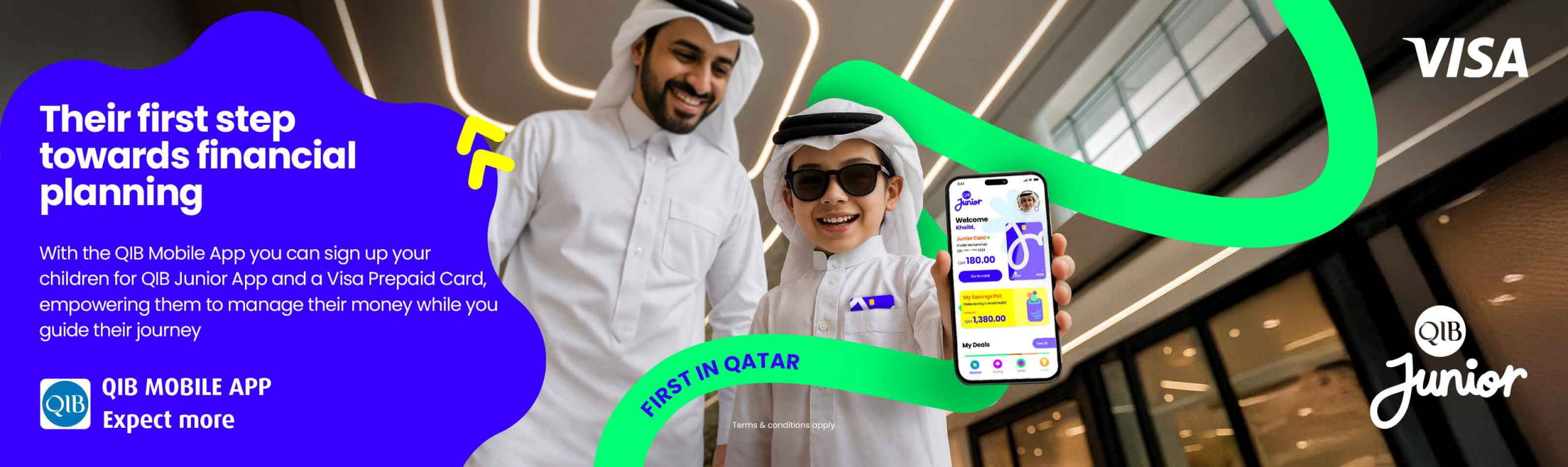 Mobile banner promoting junior account with app features and balance preview
