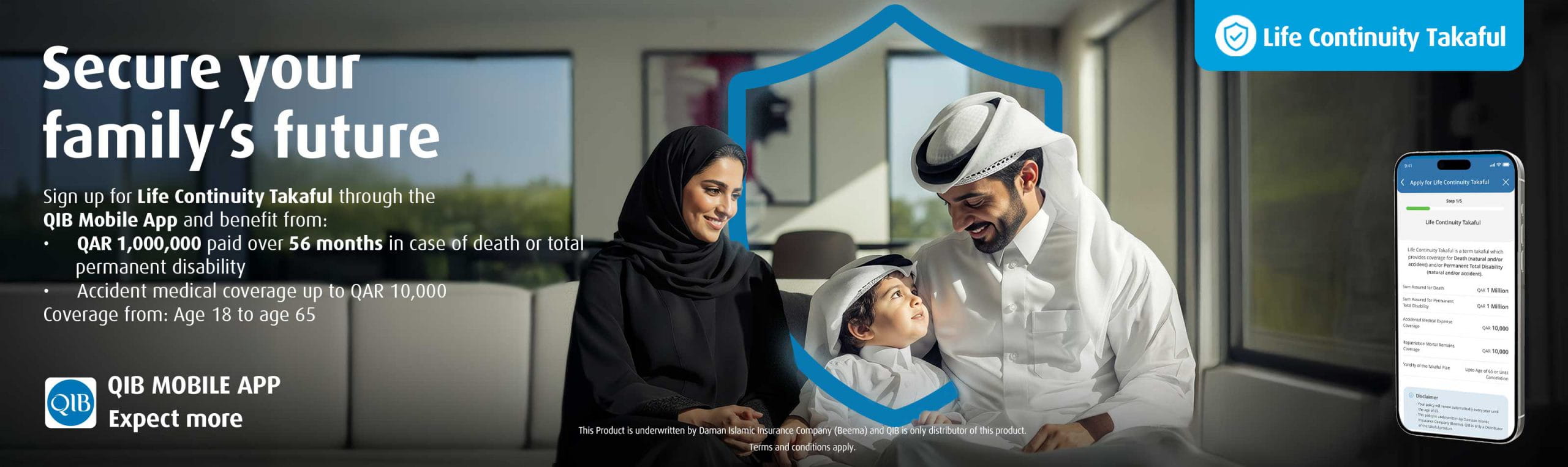 Banner promoting takaful insurance service with brief offer information