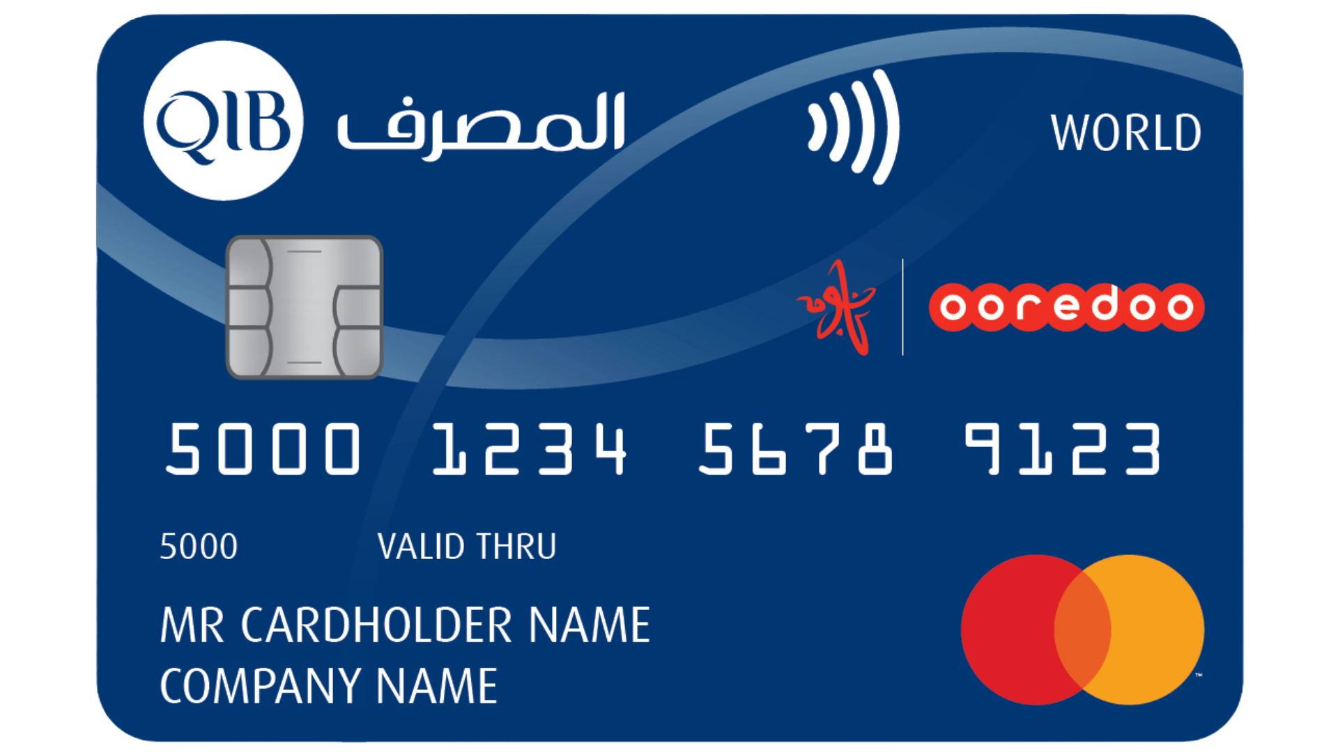 World business card design showing payment card details and contactless symbol.