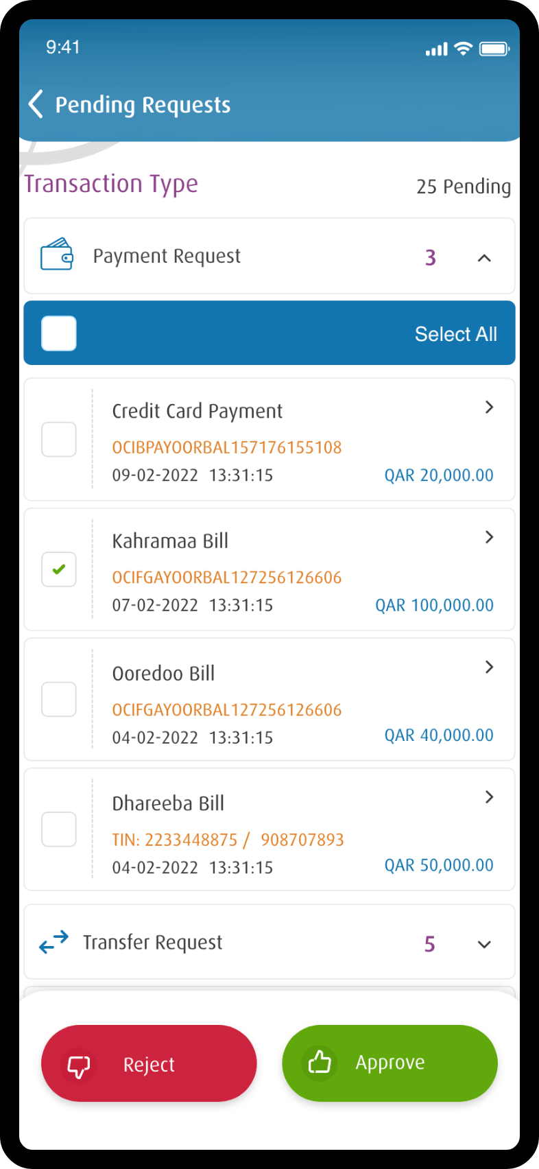 Pending requests screen listing payment requests with amounts, dates, and approve or reject actions.