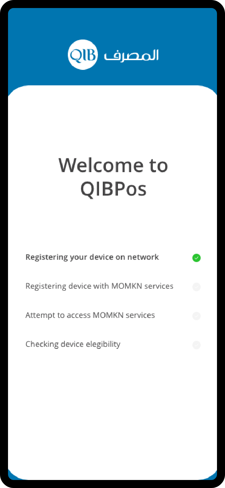 Welcome screen showing device registration steps with progress indicators.