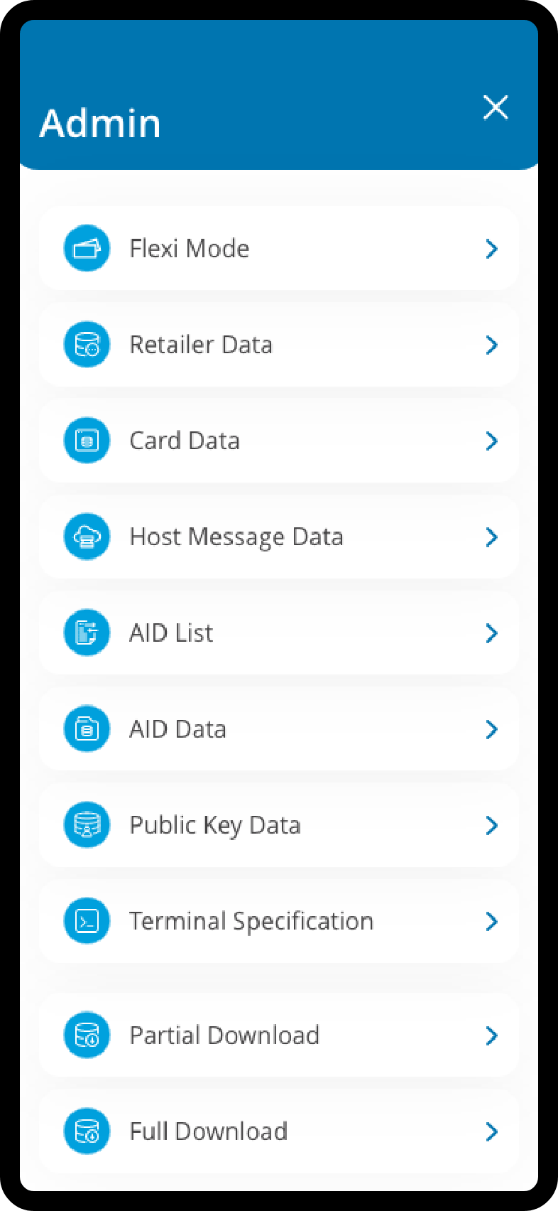 Admin menu screen listing configuration, data management, and download options.
