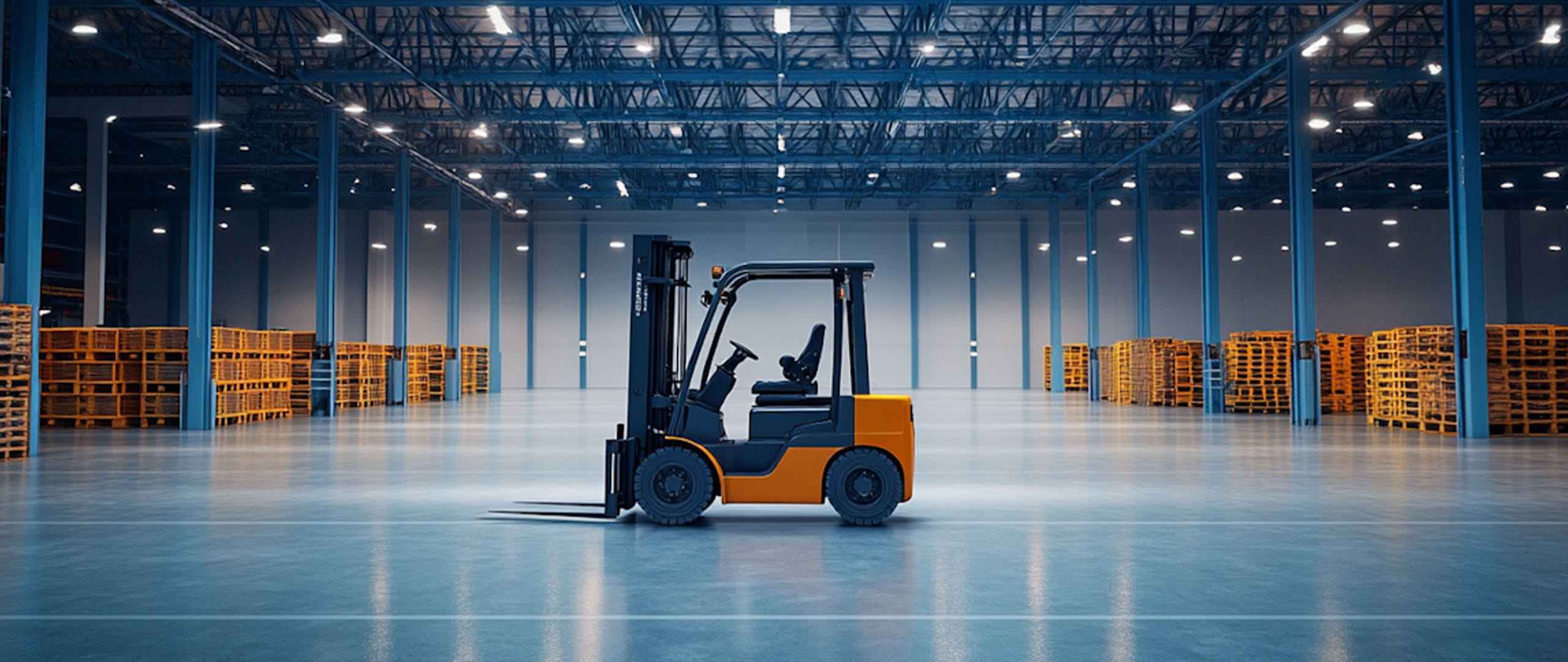 Warehouse interior with forklift positioned between storage racks.