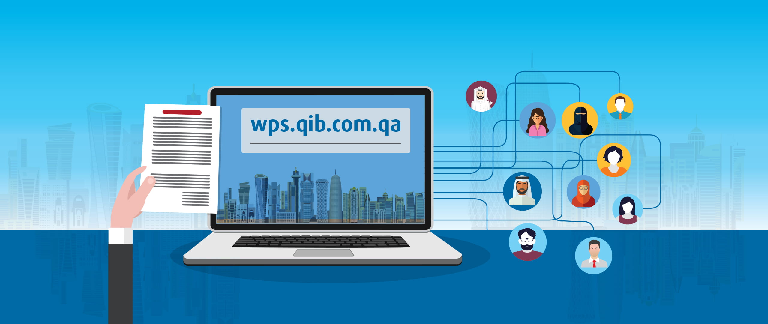 Desktop screen illustration showing online portal access with user connections and data flow icons.