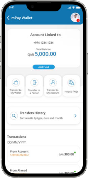 صورة من التطبيق لمحفظة mPay الرقمية تعرض الحساب المرتبط بالمحفظة والرصيد المتبقي، وخيارات التحويل، الدفع، وسجل العمليات.