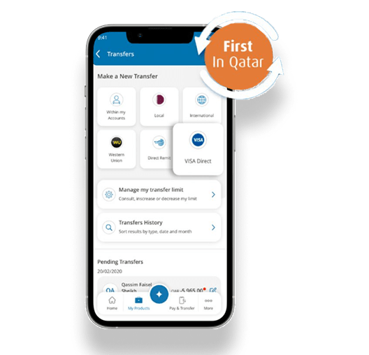 Picture of a smartphone displaying the Visa Direct screen of the QIB Mobile App