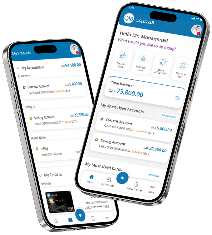 Smartphone displaying QIB Mobile App with account details, cards, and payment features.