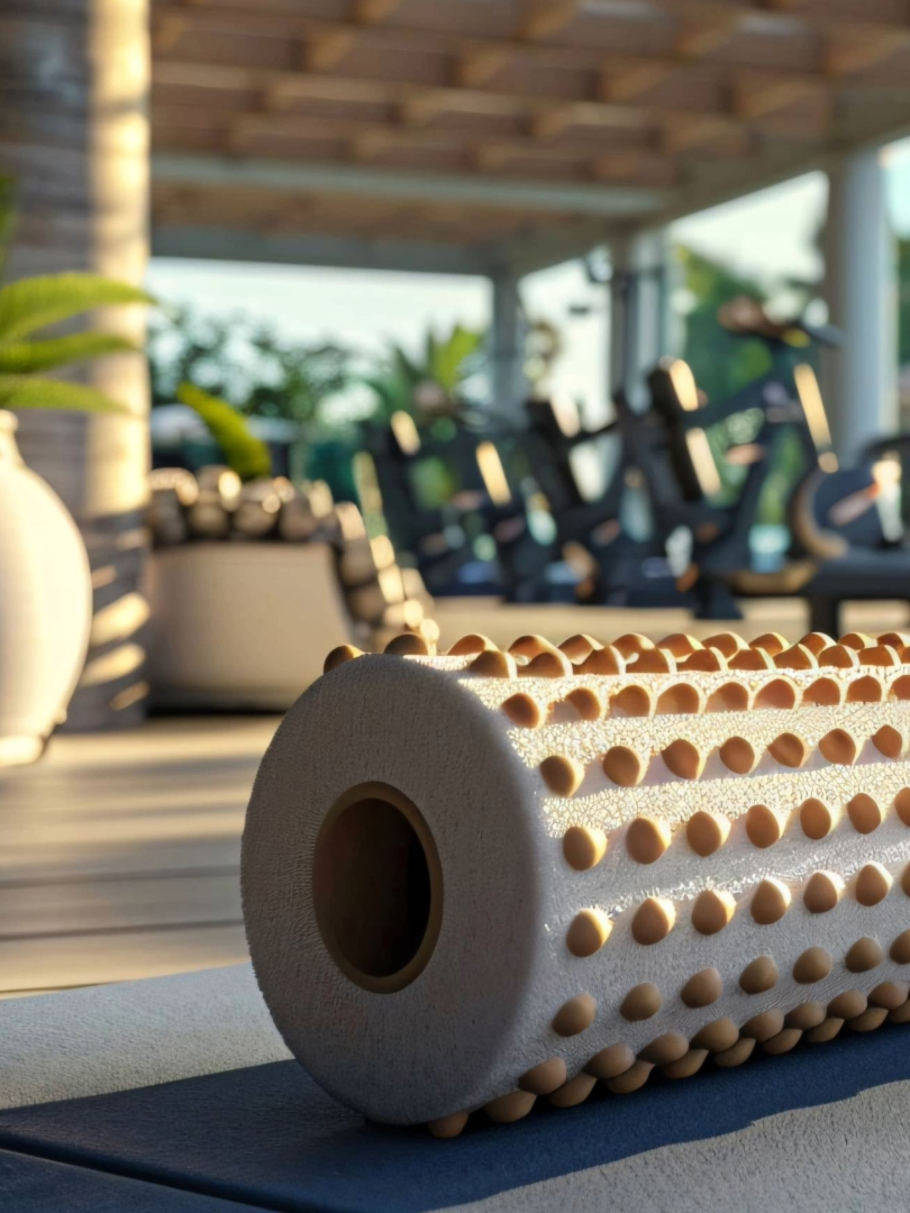 Textured exercise foam roller placed on a mat in an outdoor fitness area.