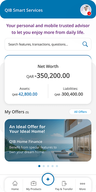 Products screen listing accounts, cards, balances, and expandable sections.