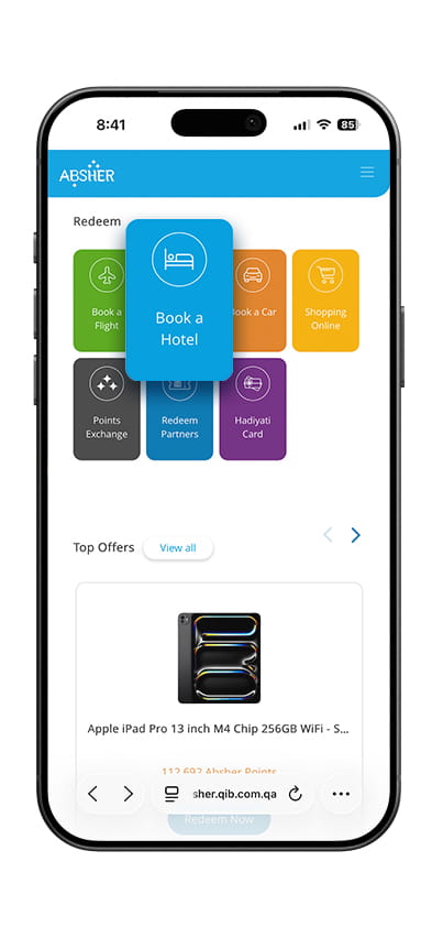 ABSHER portal screen showing hotel booking section with navigation menu and top offers carousel.