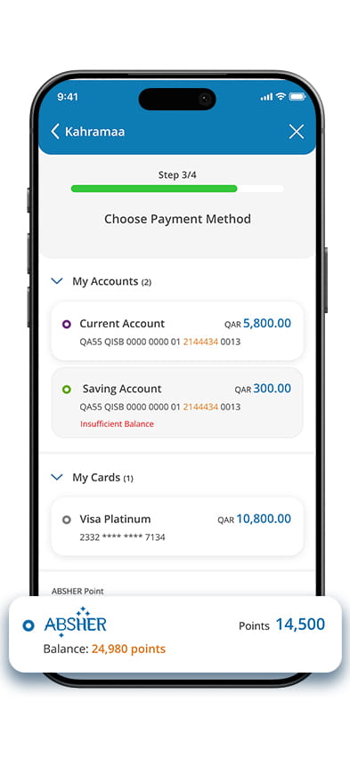 Utility payment screen showing step 3, payment method selection with accounts, cards, balances, and points.