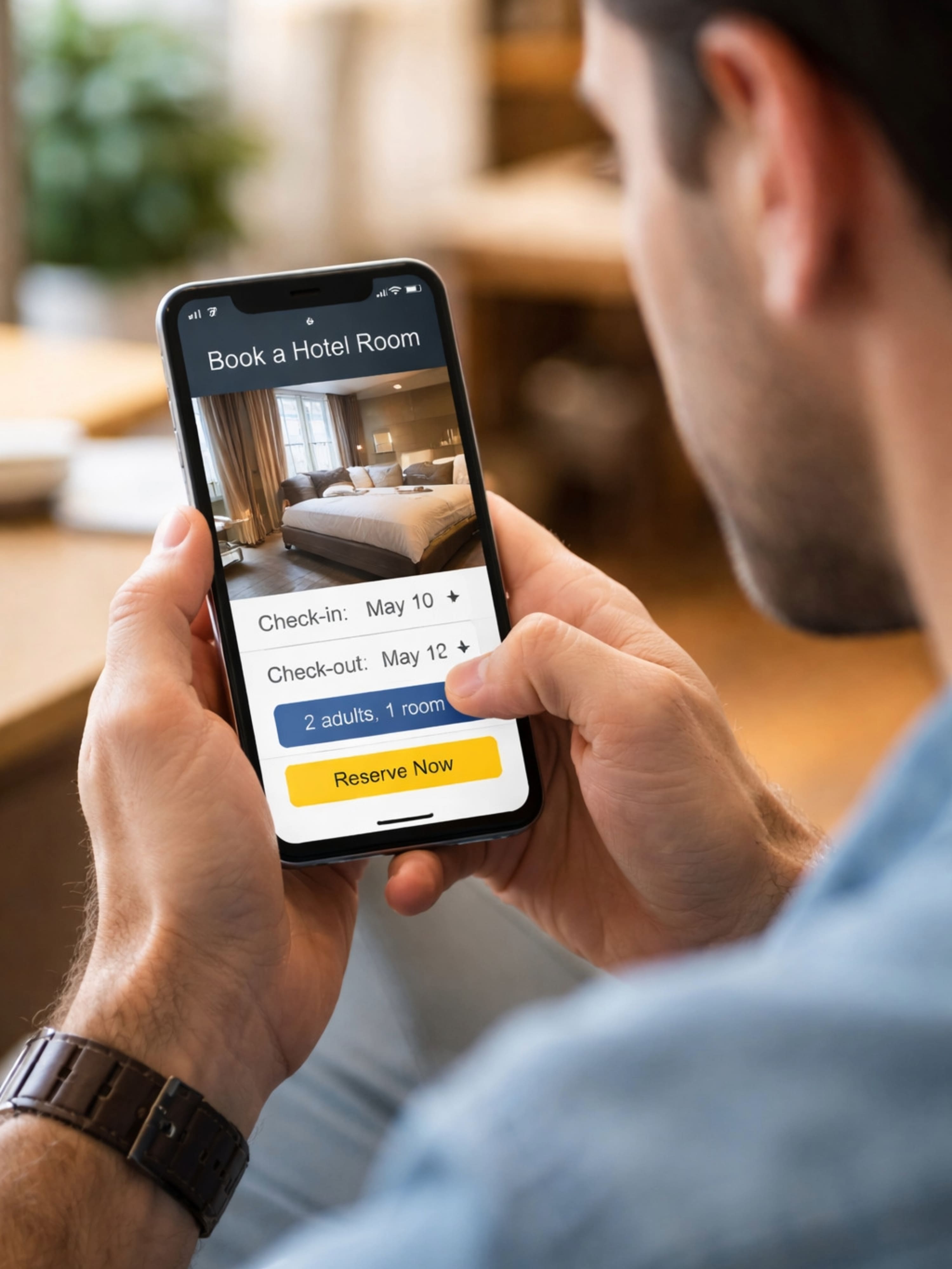 Person holding a smartphone and booking a hotel room through the QIB mobile app.