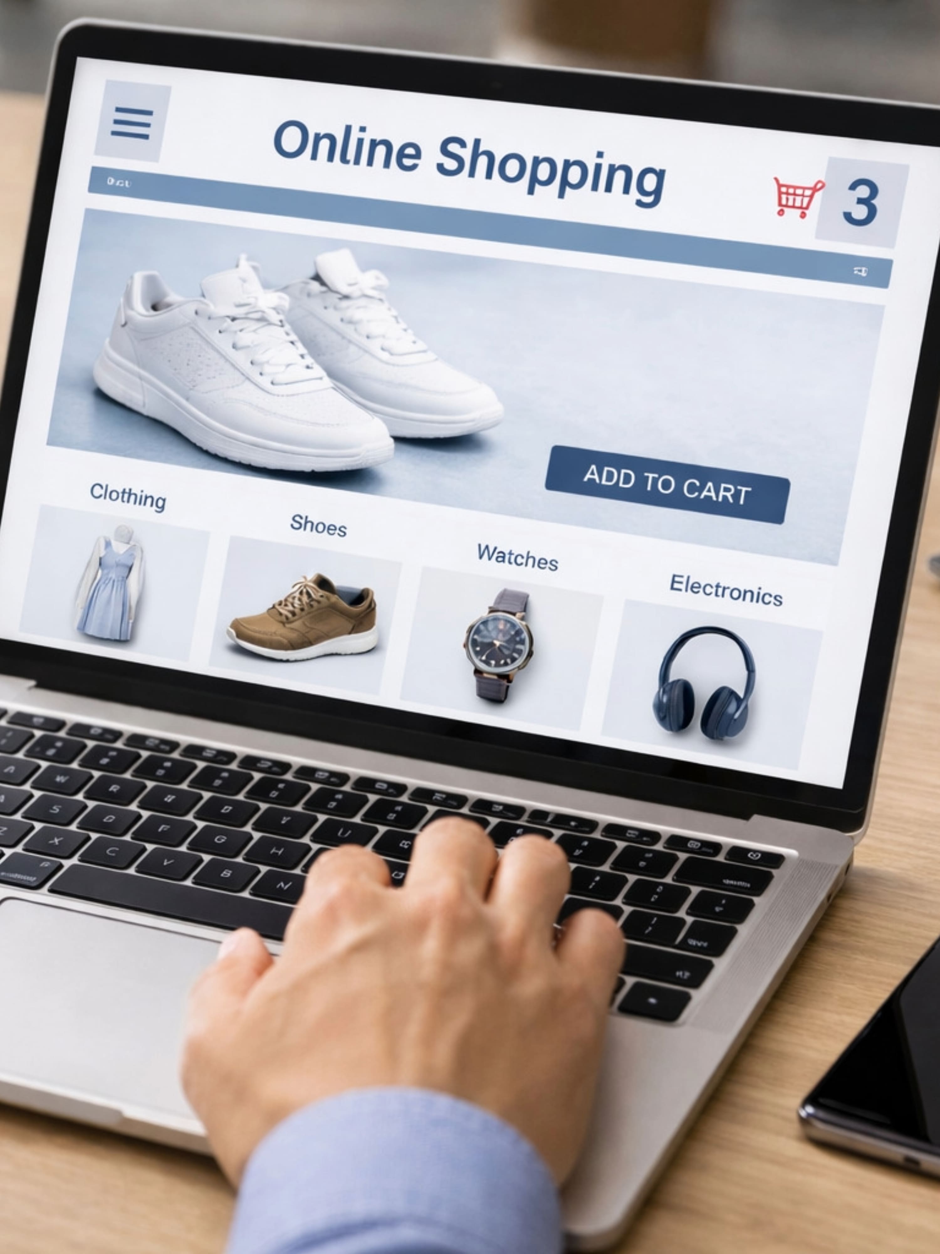 Person using a laptop for online shopping with product images displayed on the screen.