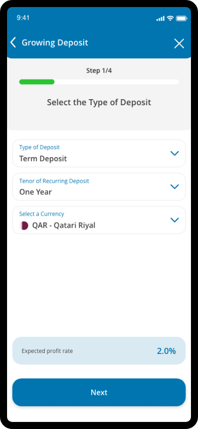 Screen showing fields for selecting currency, choosing a funding account, and entering the deposit amount.