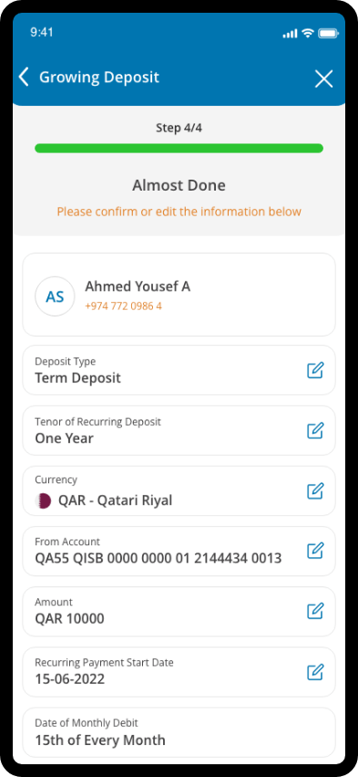 Mobile screen showing review and confirmation options to accept terms and activate the savings account.