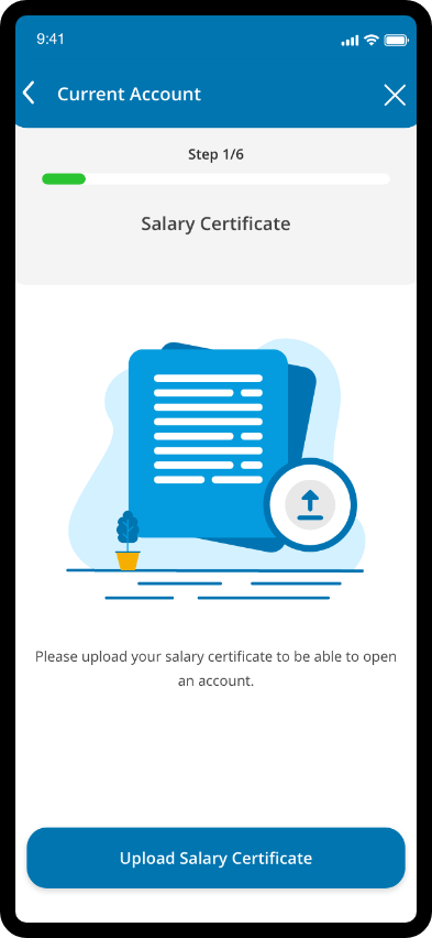 Account opening step 1 in English requesting upload of salary certificate with upload button.