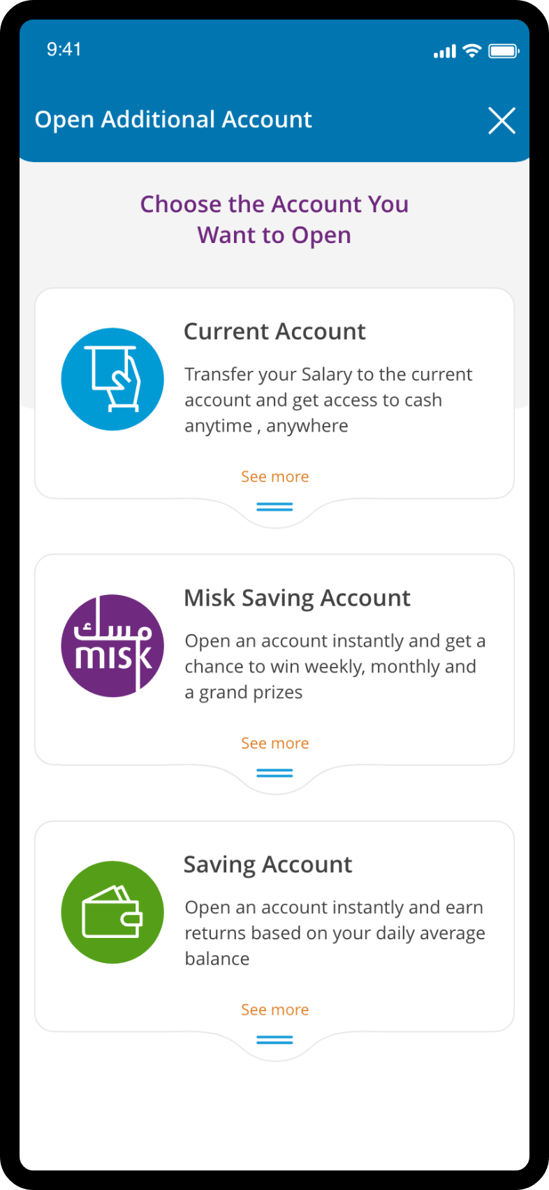 QIB app screen displaying account product options where users select Savings Account.