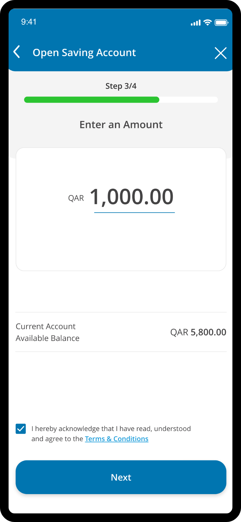 QIB app page showing fields to choose currency, funding account, and enter the savings amount.