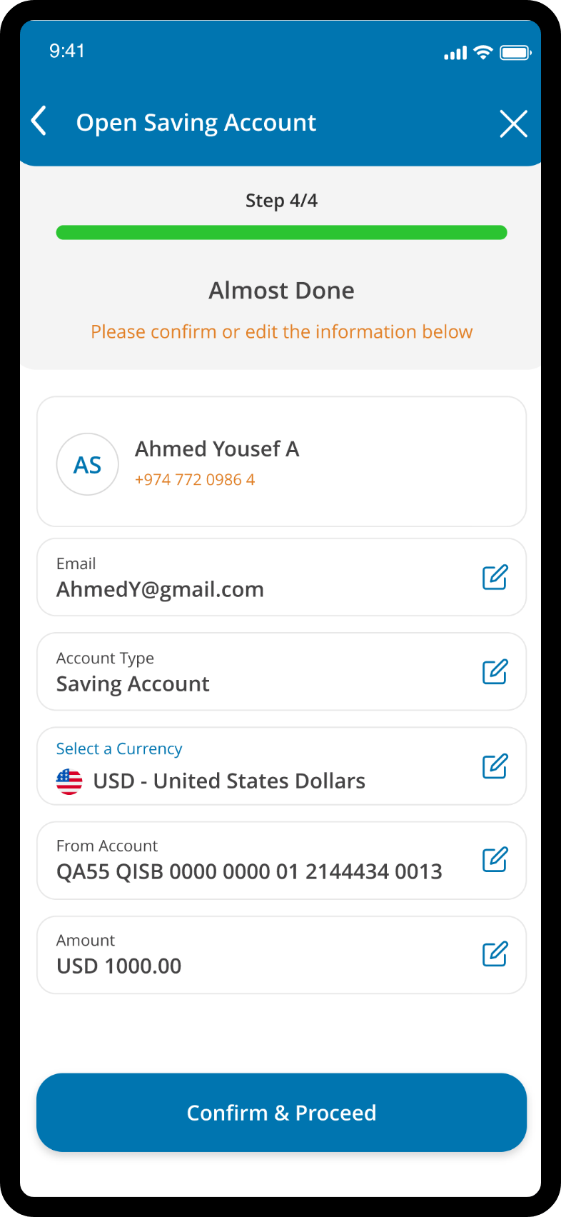QIB app confirmation screen where users review details, accept terms, and activate the savings account.