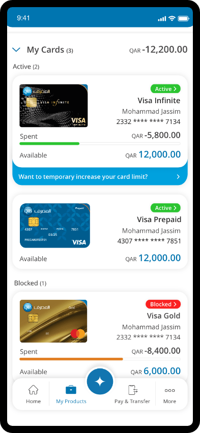 QIB app screen displaying available cards for the user to select and add to Apple Pay.