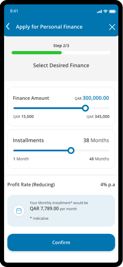 QIB Personal Finance screen displayed on a smartphone
