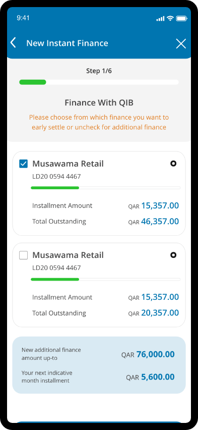 QIB Home Finance screen displayed on a smartphone 