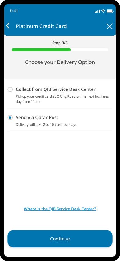 Final credit card confirmation screen with applicant details, card limit, delivery option, and confirm action.