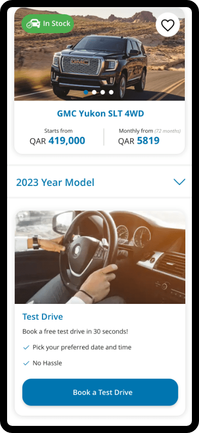 QIB Auto Marketplace screen showing options to request a test drive and apply for car finance.