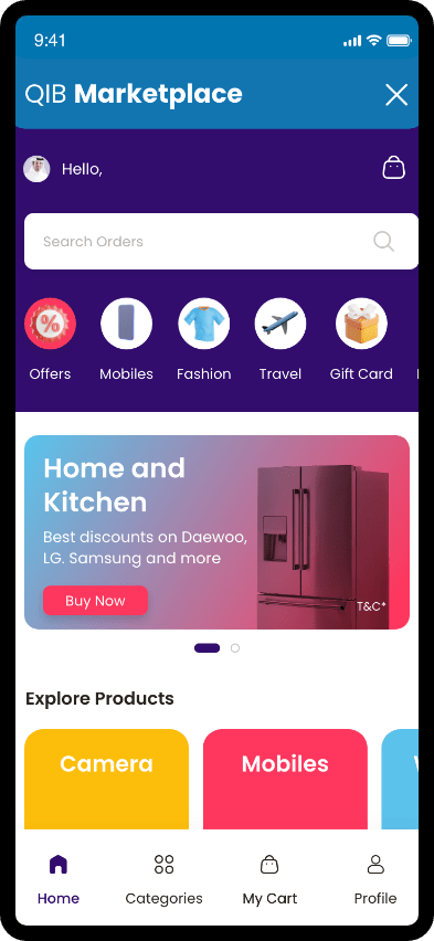 QIB Mobile App on a smartphone showcasing QIB Marketplace and its features.