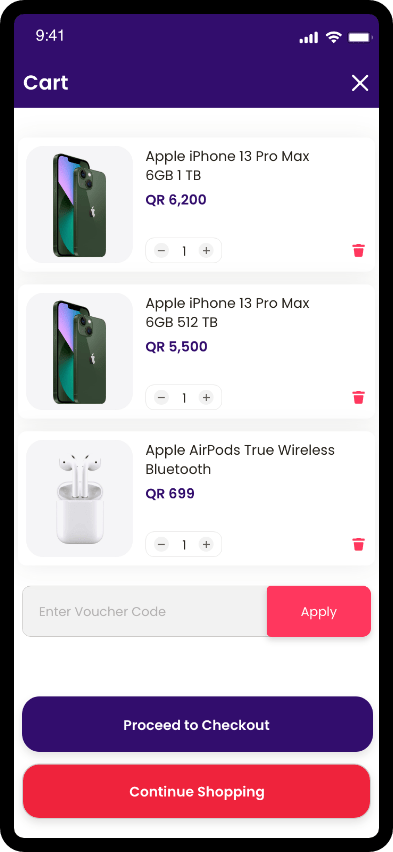 Shopping cart screen showing items, quantities, prices, and checkout actions.