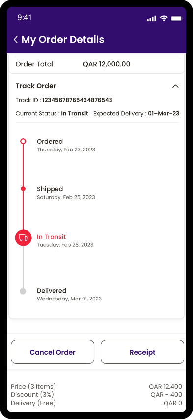 Order details screen showing order total, tracking status, timeline, and actions.