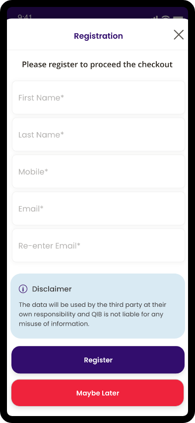 Checkout registration screen showing form fields, disclaimer, and register button.