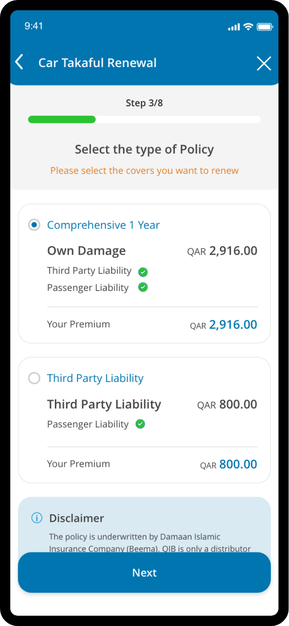 Auto takaful renewal progress screen displaying mid-step information and navigation controls.