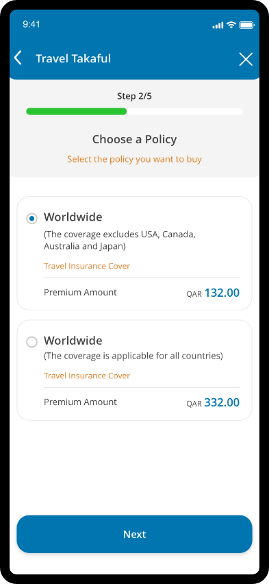 Travel takaful step showing policy selection and next button.
