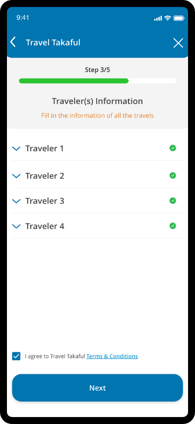 Travel takaful traveler information step with traveler list and next button.