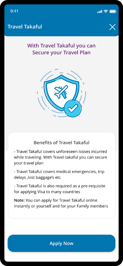Travel takaful overview listing benefits and apply button.