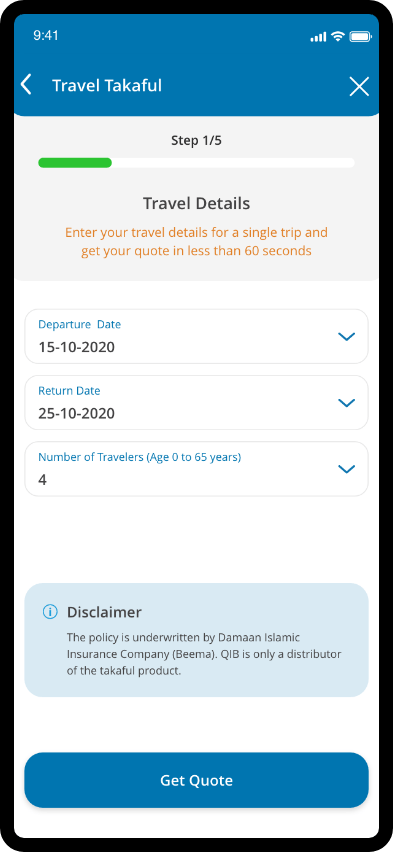 Travel takaful step showing travel details form and quote button.