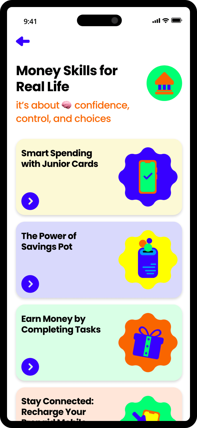 Mobile app screen featuring financial literacy content for juniors with colorful icons and learning cards.