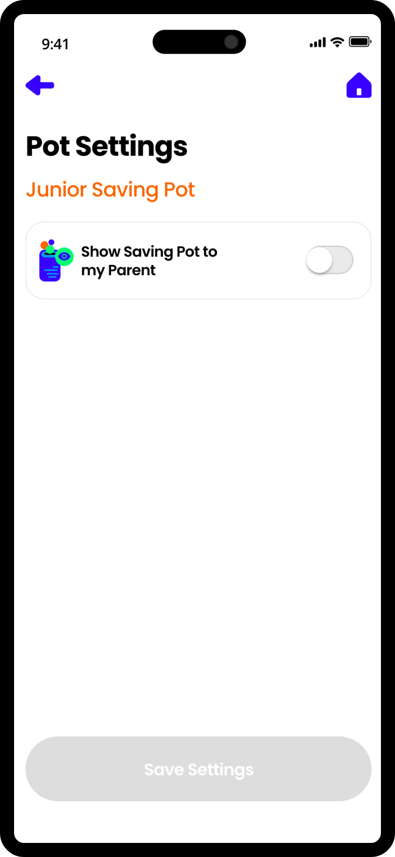 Mobile app screen showing settings to hide the savings pot balance for privacy.