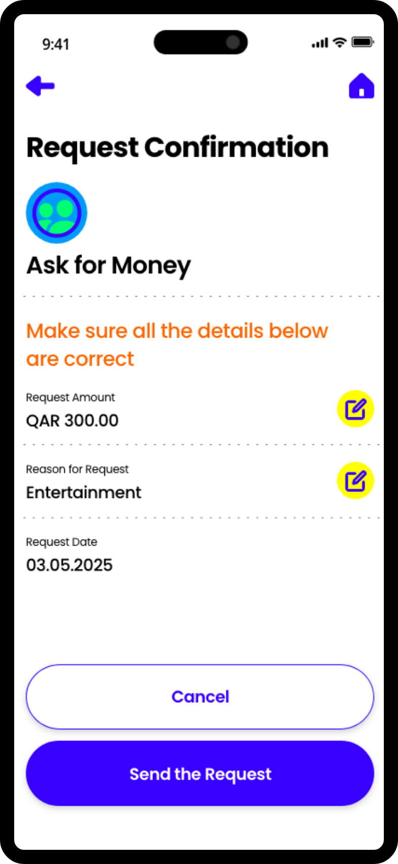 Mobile app screen allowing users to request or transfer money easily with clear action buttons.