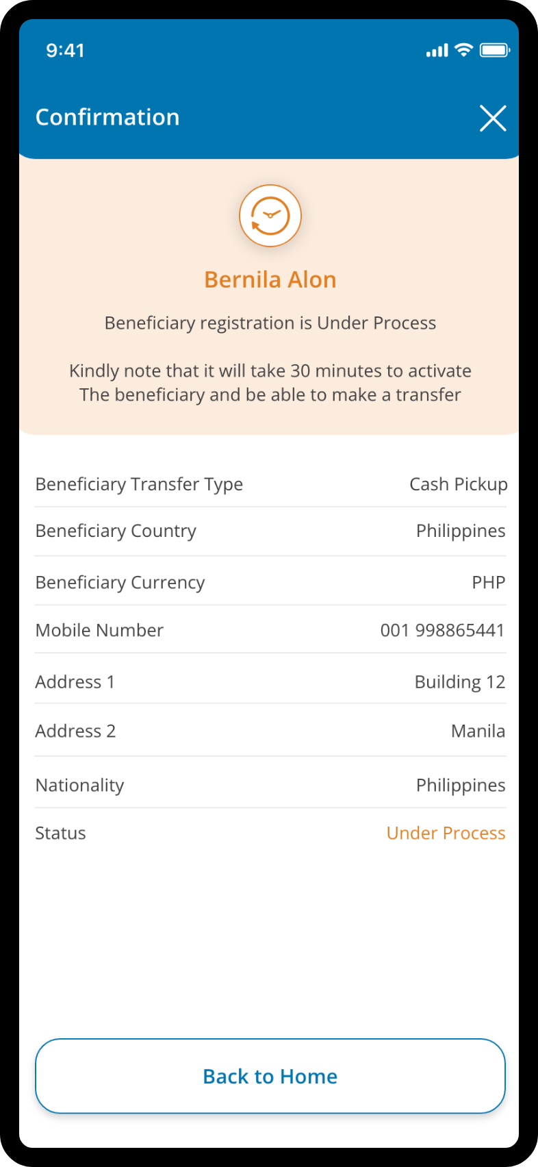 Mobile app screen showing recipient registration details with personal info fields and confirmation button.